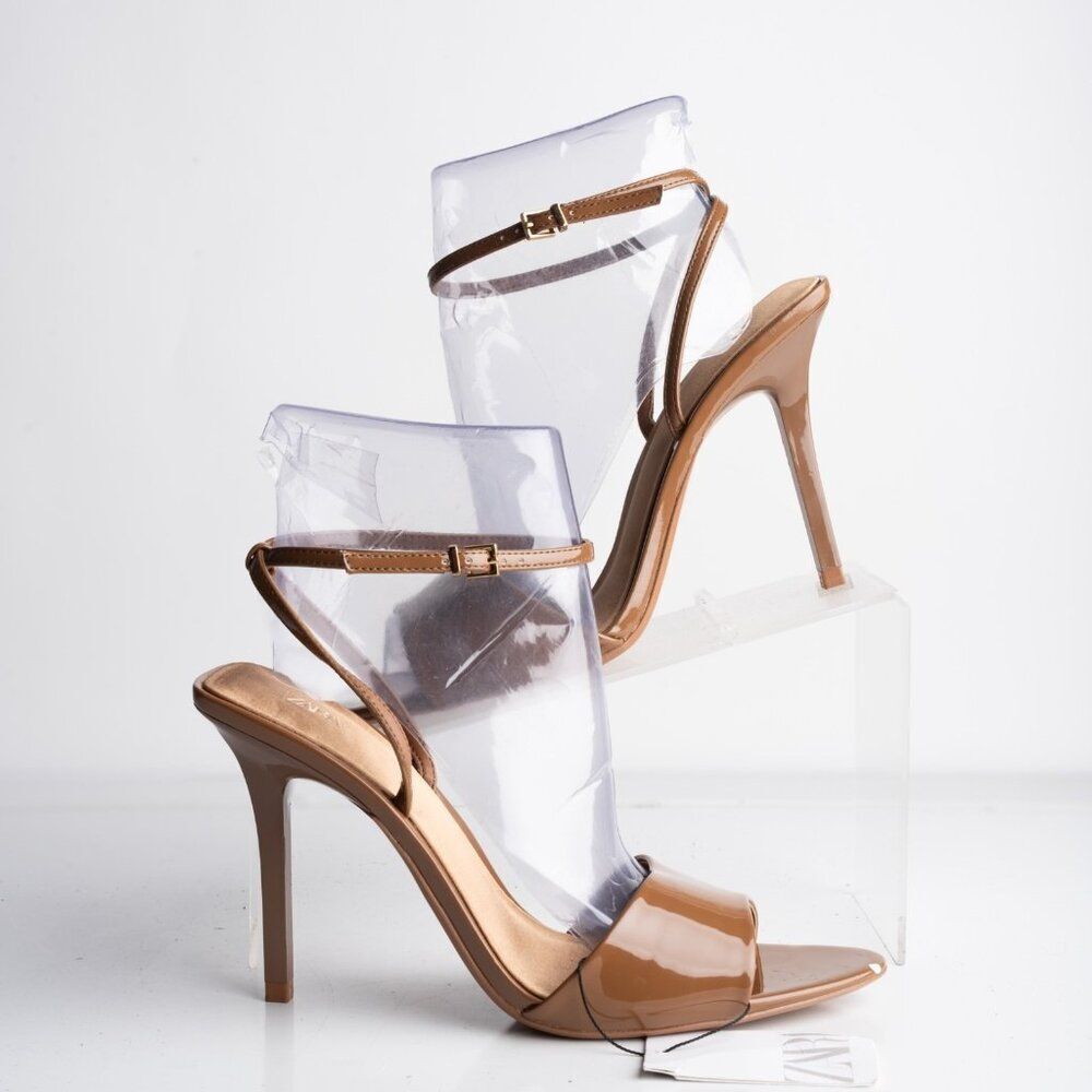 Zara Womens Glossy Mule Strappy Heels Brown US 7.5 EU 38 New with Defects - Picture 2 of 9